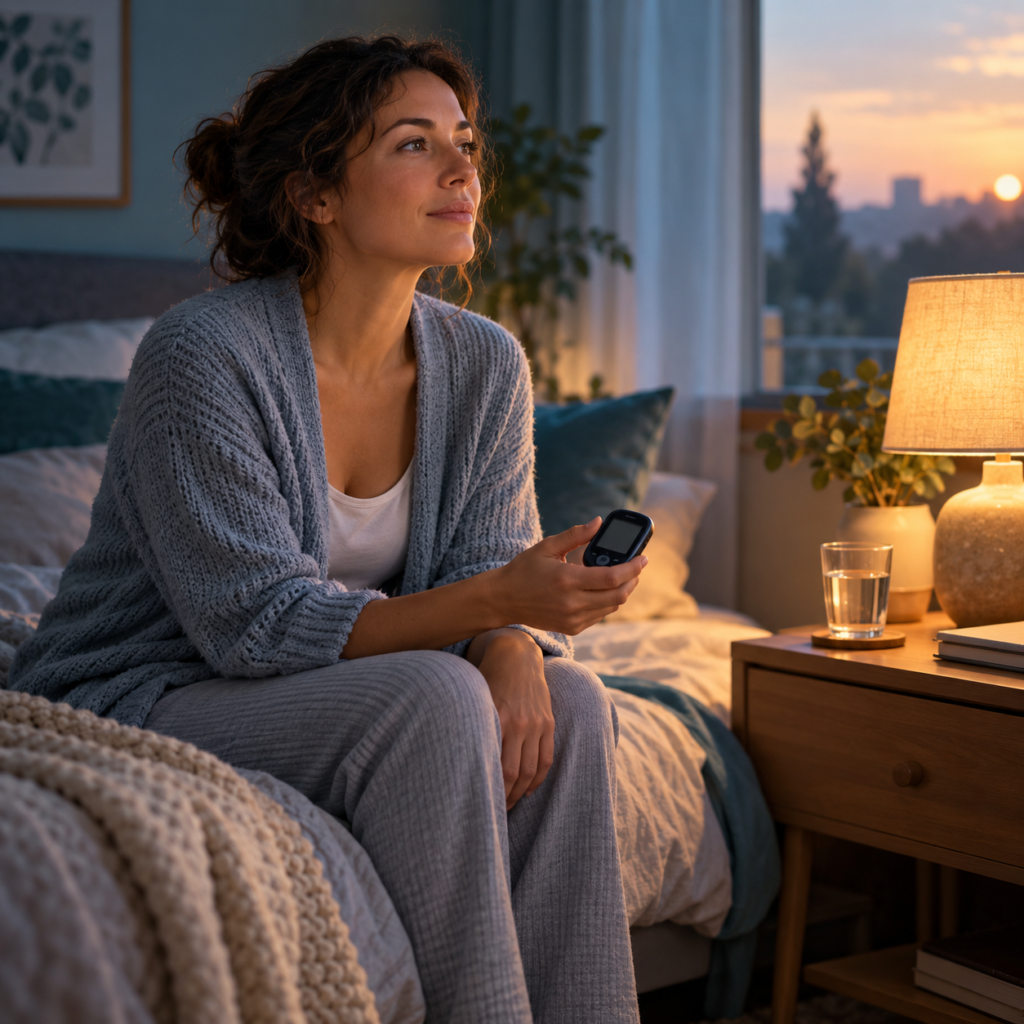 Mujer sentada en la cama al amanecer con un medidor de glucosa entre las manos